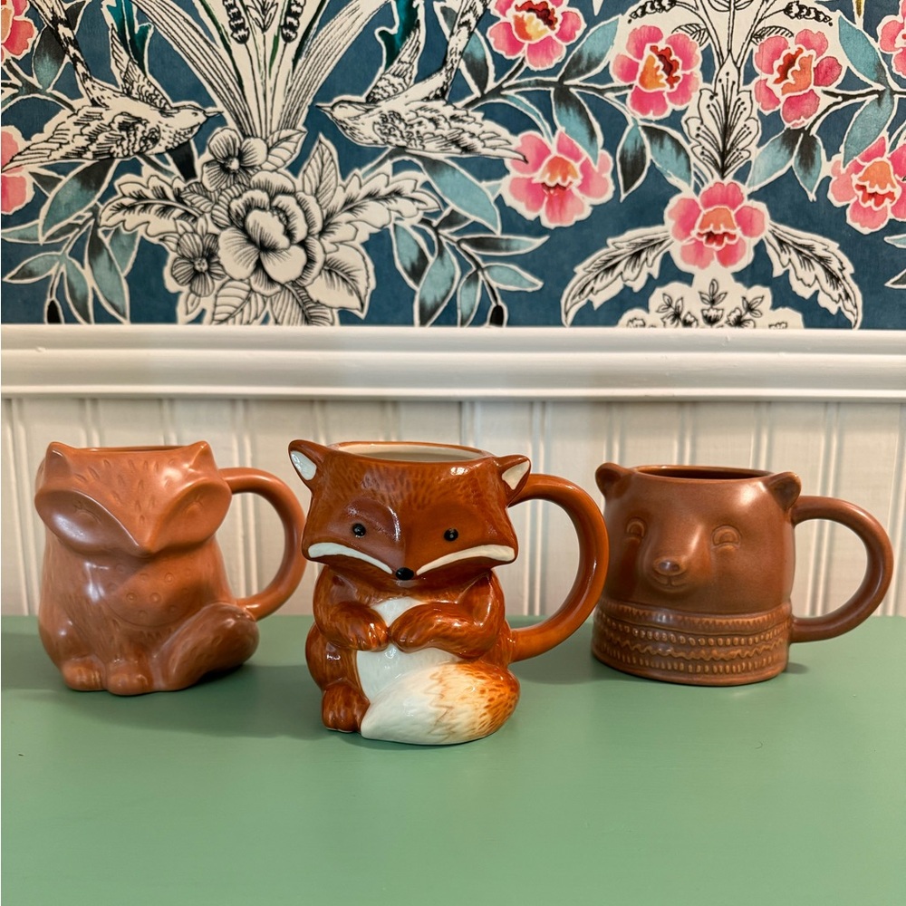 SET OF 3 FALL BEAR FOX THRESHOLD MUGS NWOT